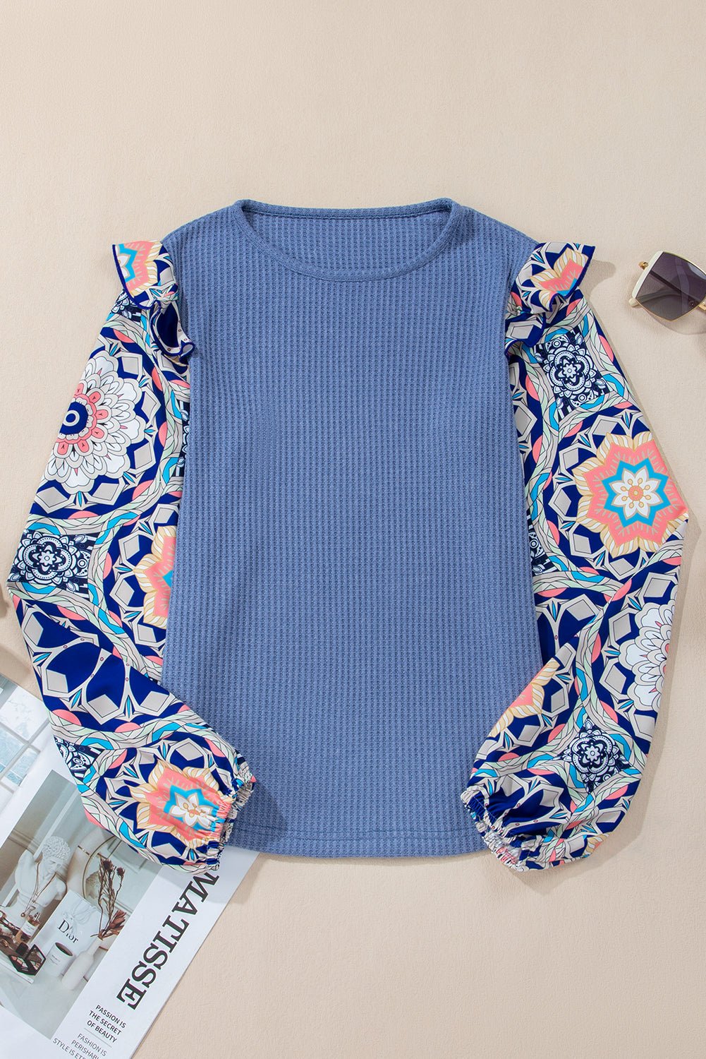 Ashleigh Blue Ruffled Floral Sleeve Patchwork Waffle Knit O Neck Blouse - Essential Retail Store