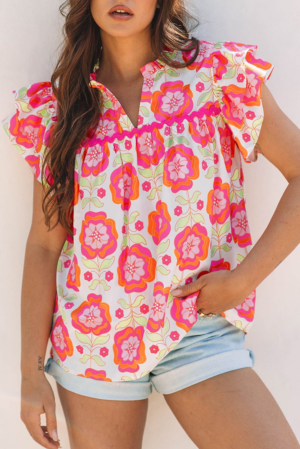 Rose Floral Ruffled Sleeve Ric - rac Trim Split Neck Loose Blouse - Essential Retail Store