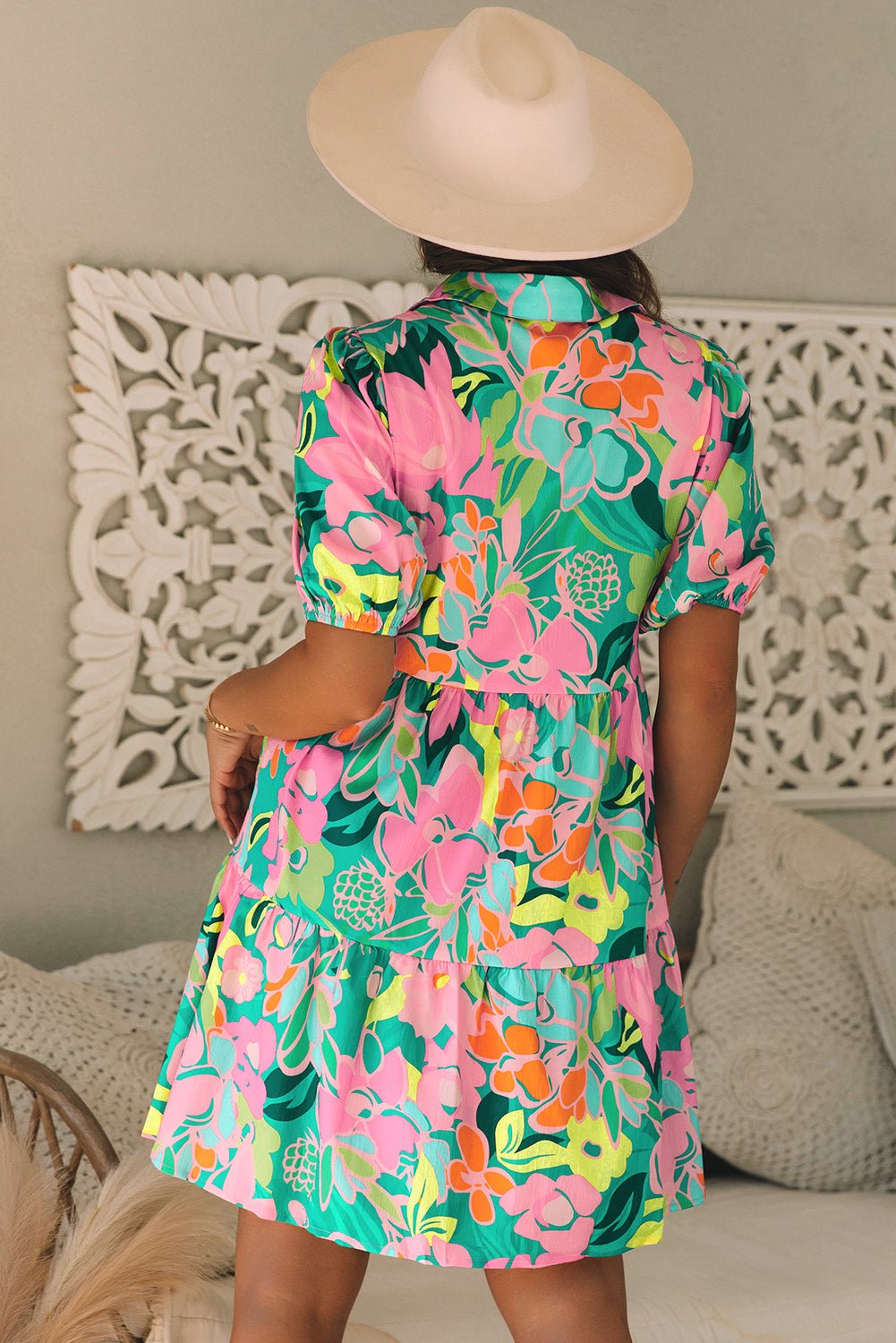 Green Floral Puff Sleeve Collar Buttoned Babydoll Dress - Essential Retail Store