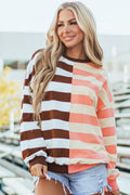 Brown Stripe Color Block Drop Shoulder Pullover Sweatshirt - Essential Retail Store