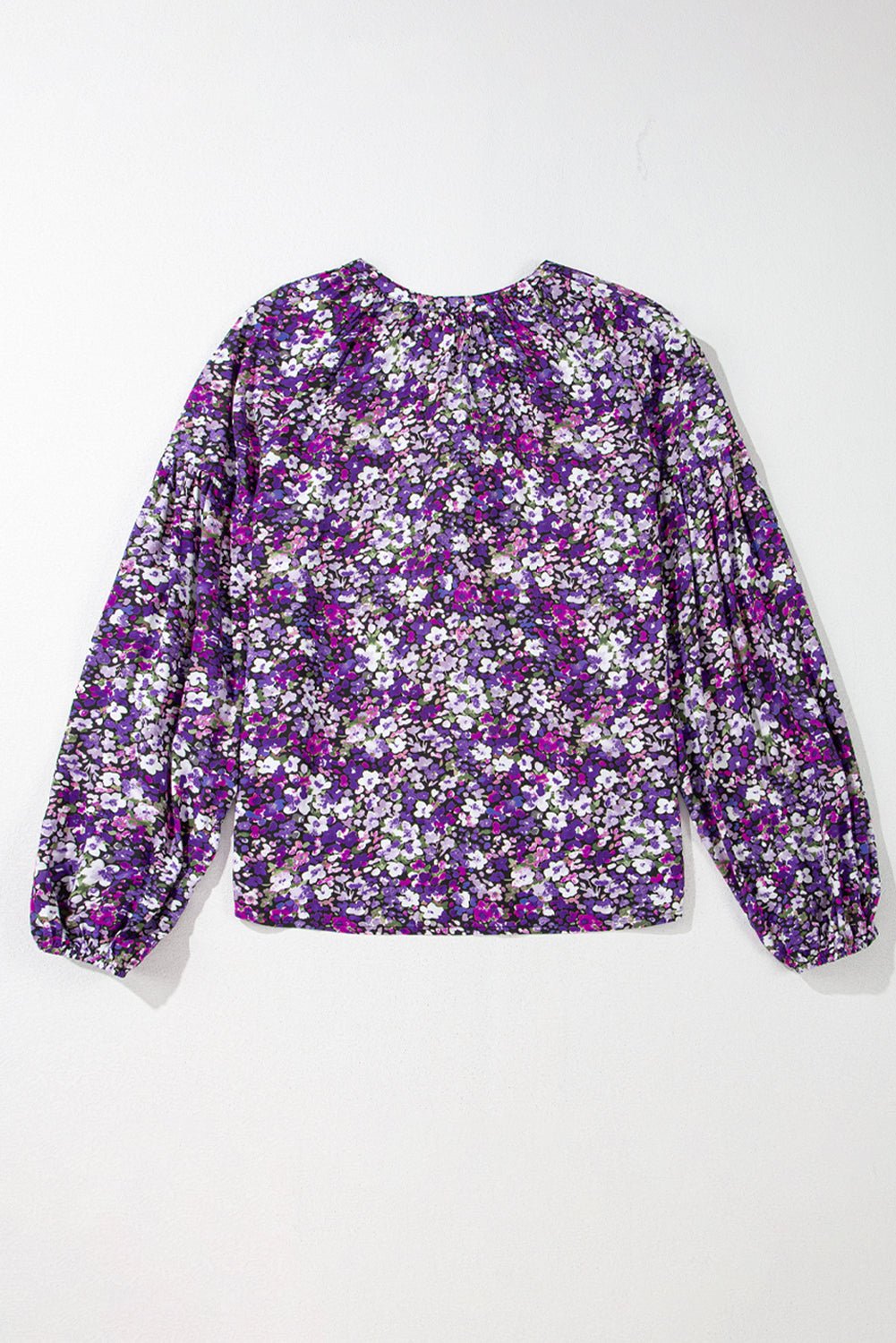Purple Boho Flower Split V Neck Bubble Sleeve Blouse - Essential Retail Store