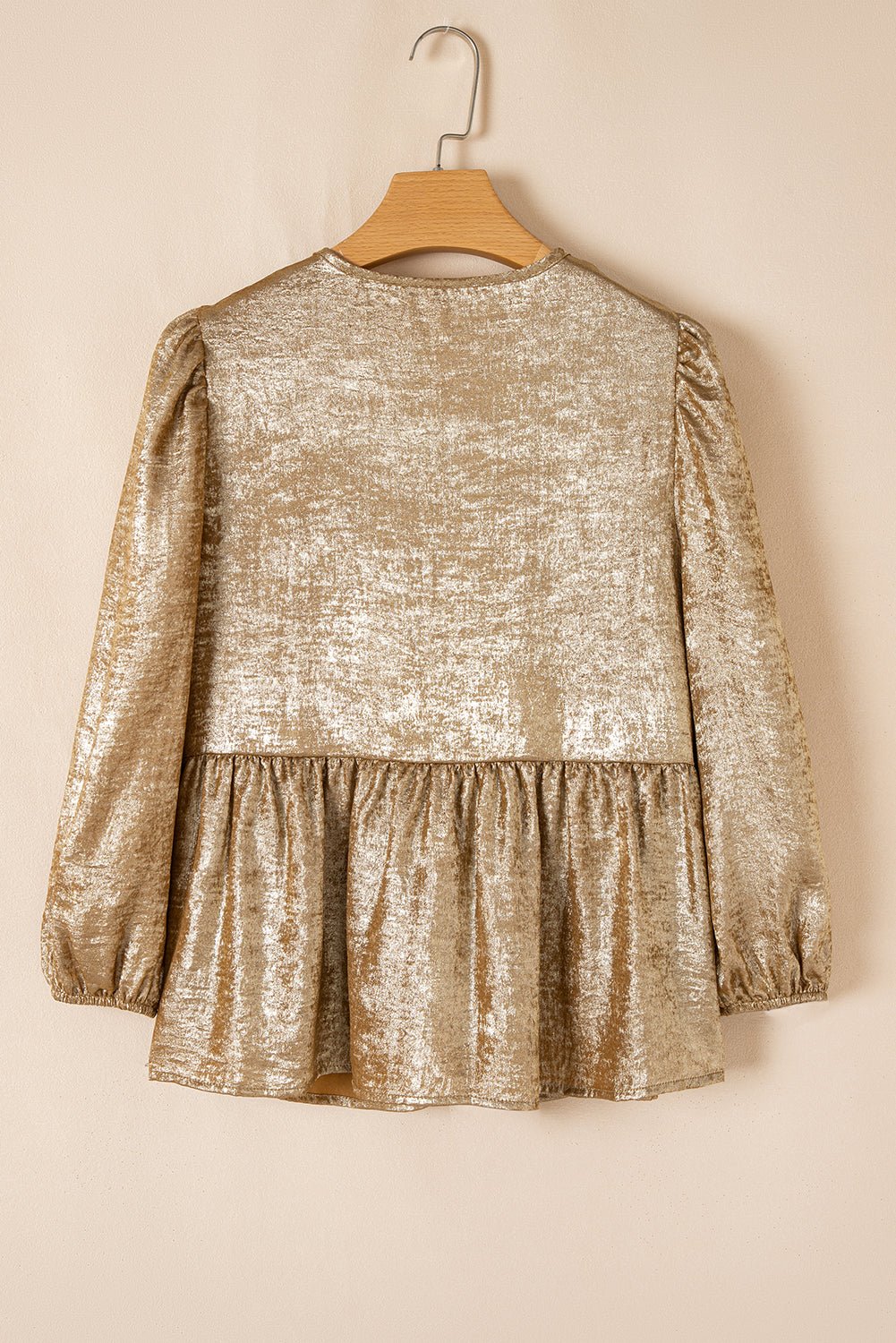 Gold Bow Tie Front Puff 3/4 Sleeve Ruffle Hem Blouse - Essential Retail Store