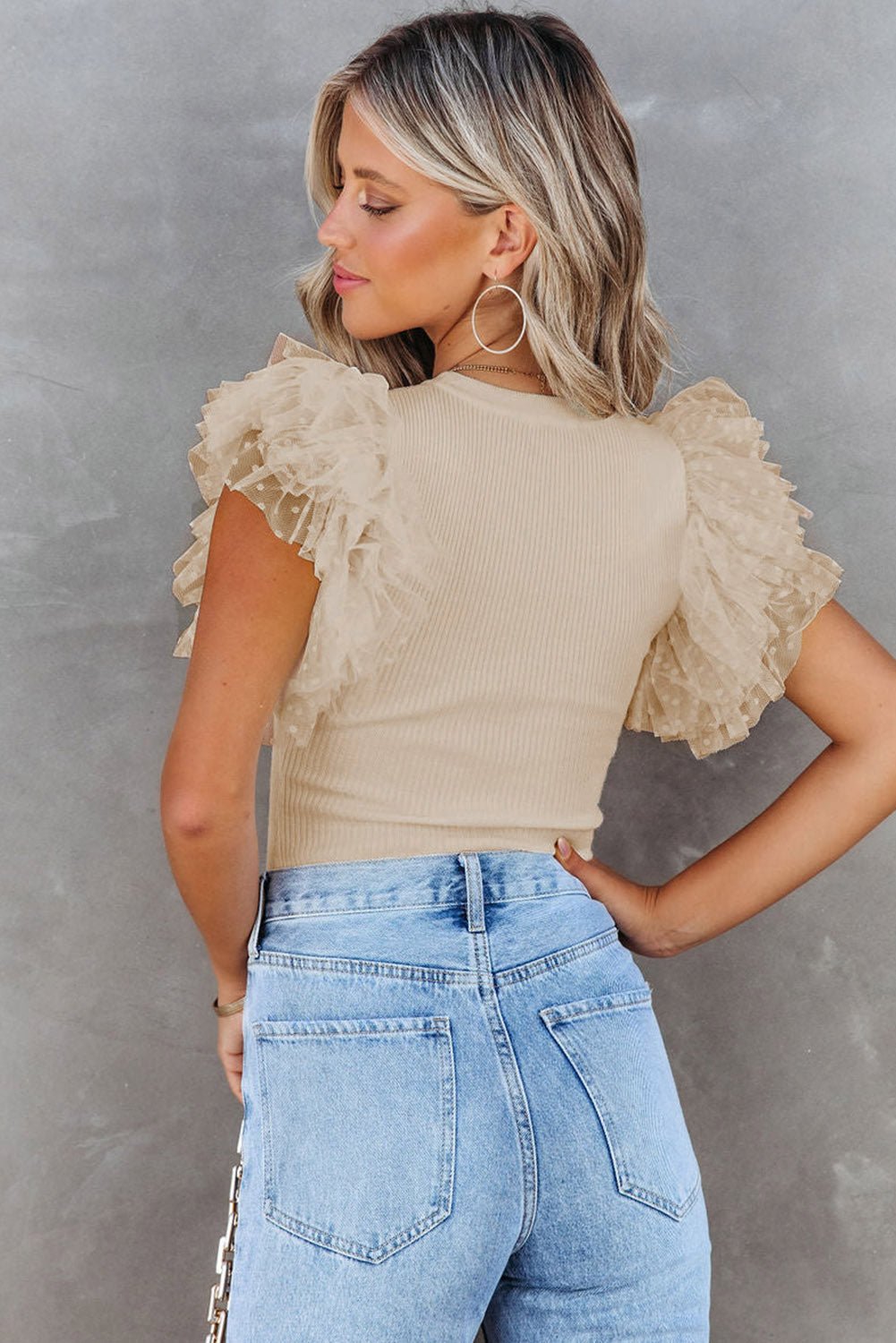 Black Dotty Mesh Ruffle Sleeve Ribbed Knit Top - Essential Retail Store