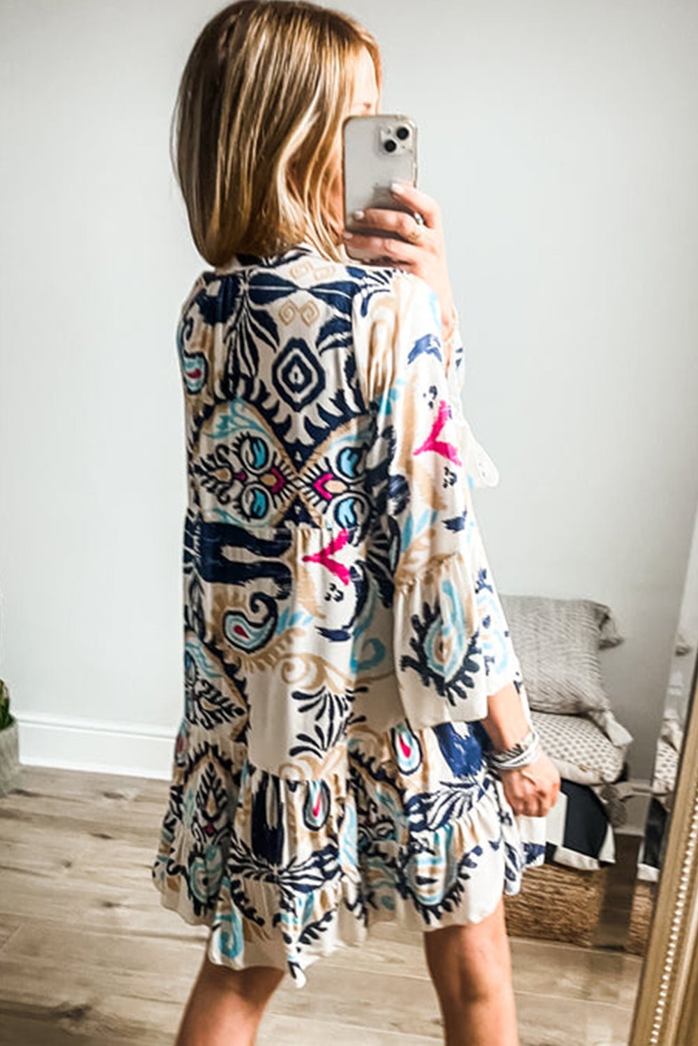 White Printed Tribal Bracelet Sleeve Buttoned Mini Dress - Essential Retail Store