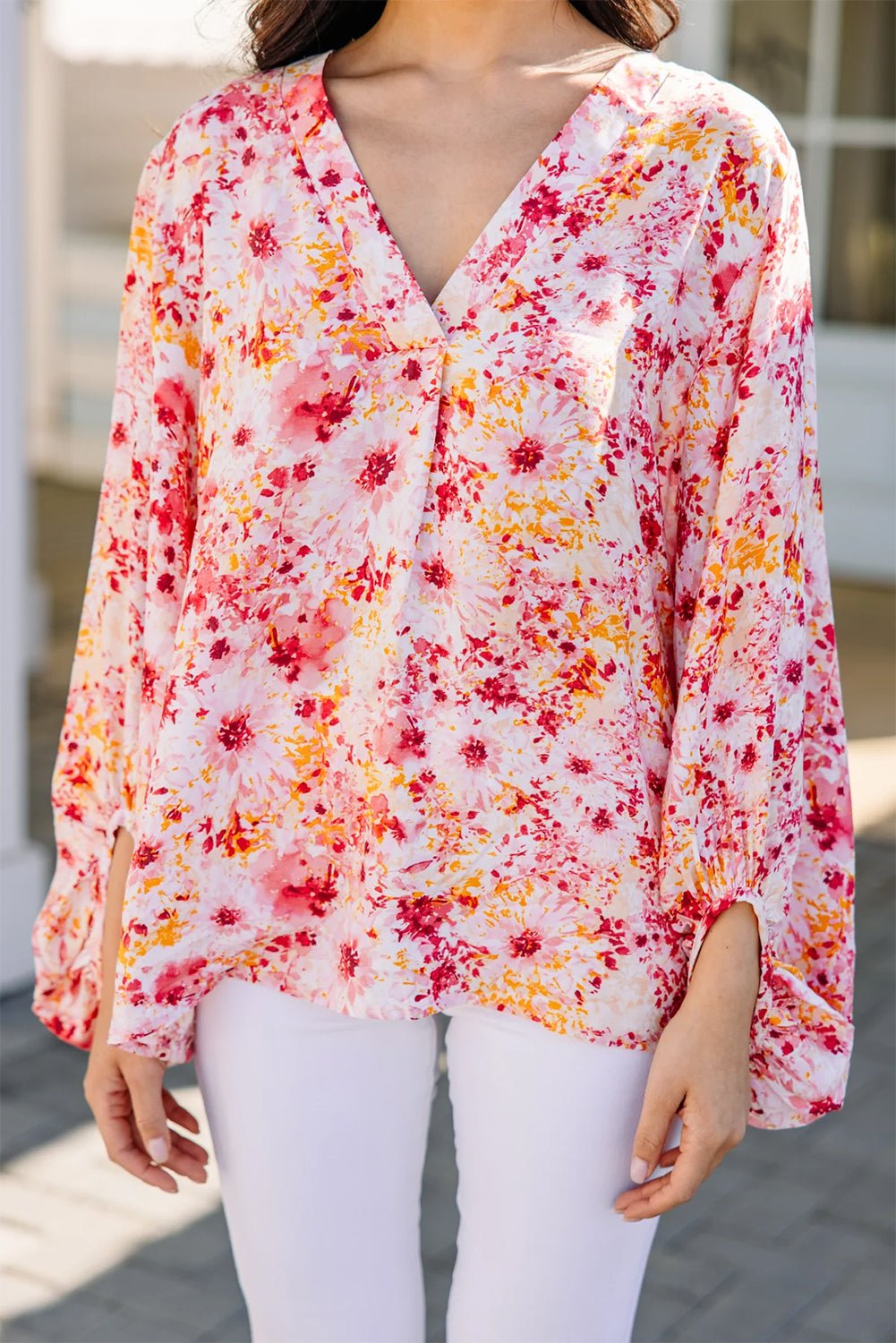 Pink Ditsy Floral Bubble Sleeve V Neck Blouse - Essential Retail Store