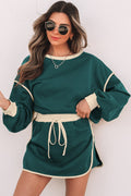 Evergreen Color Contrast Loose Pullover and Lace - up Waist Skort Set - Essential Retail Store