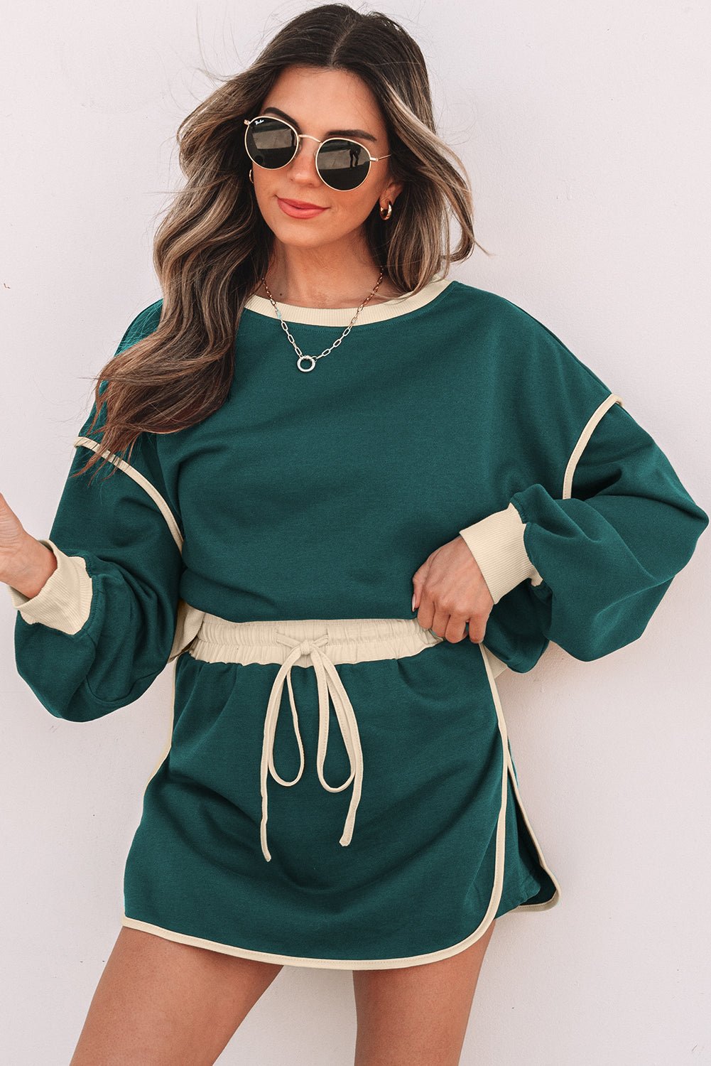 Evergreen Color Contrast Loose Pullover and Lace - up Waist Skort Set - Essential Retail Store