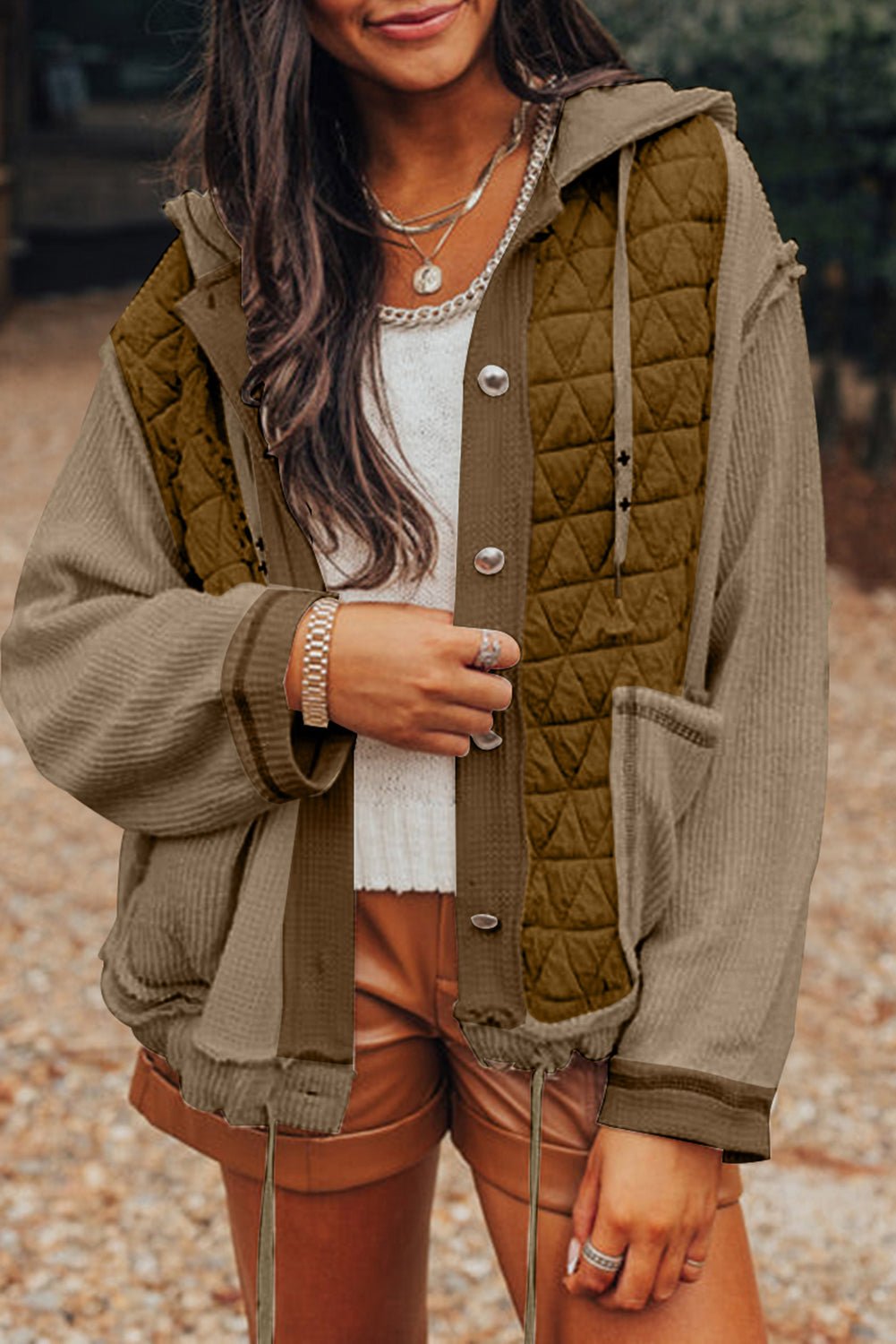 Jungle Green Quilted Textured Patchwork Loose Fit Hooded Jacket - Essential Retail Store