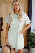 White Stripe Ruffled Short Sleeve Crew Neck T Shirt Shift Mini Dress - Essential Retail Store