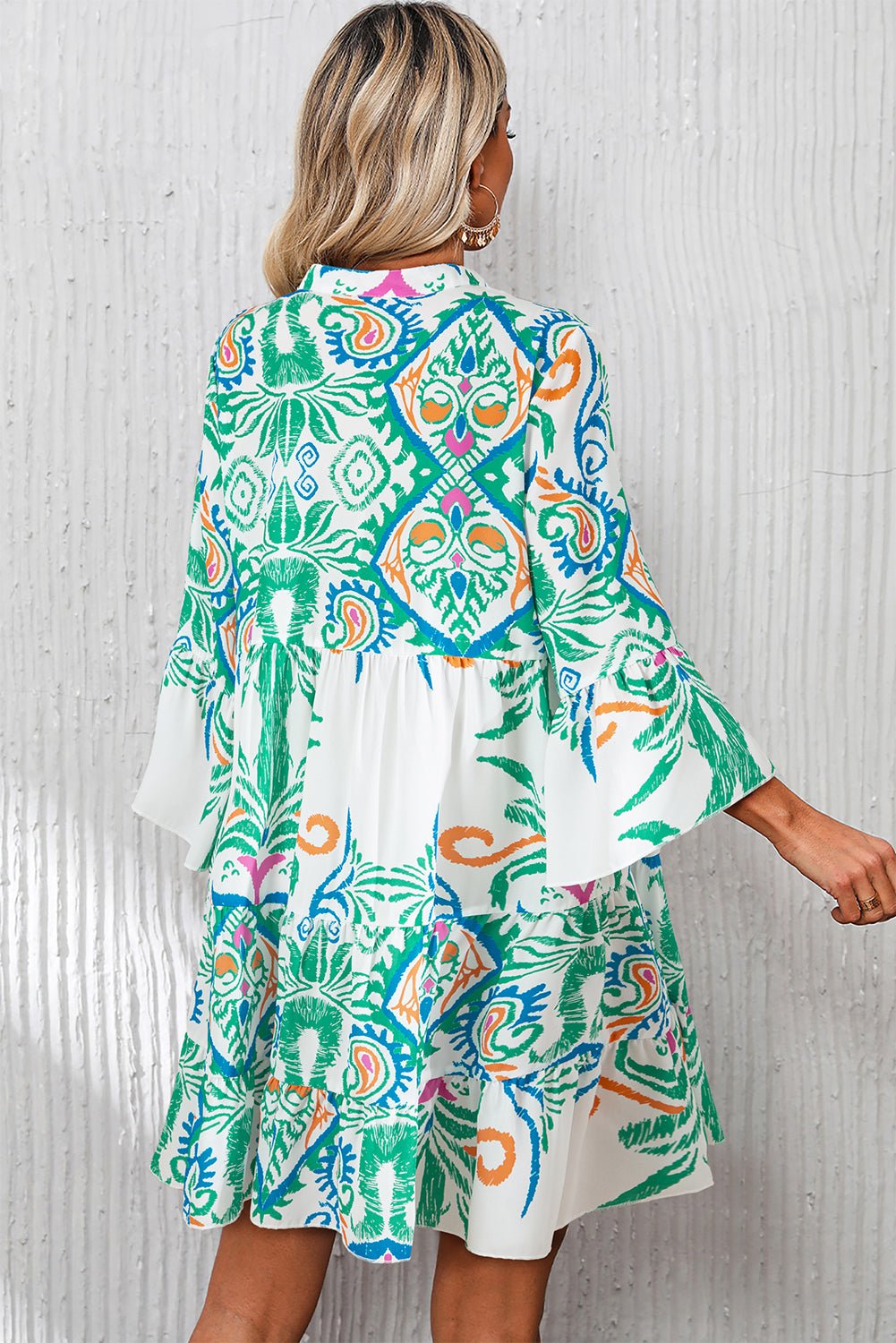 White Printed Tribal Bracelet Sleeve Buttoned Mini Dress - Essential Retail Store