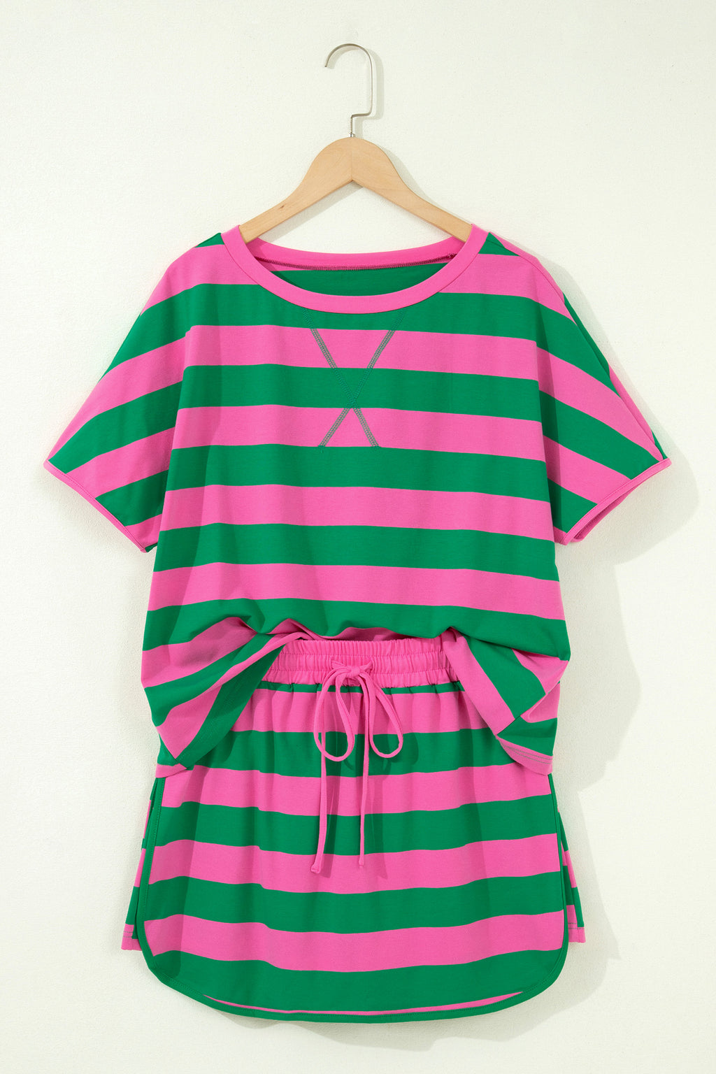 Rose Stripe Dolman Tee Drawstring Skort Athletic 2pcs Set - Essential Retail Store