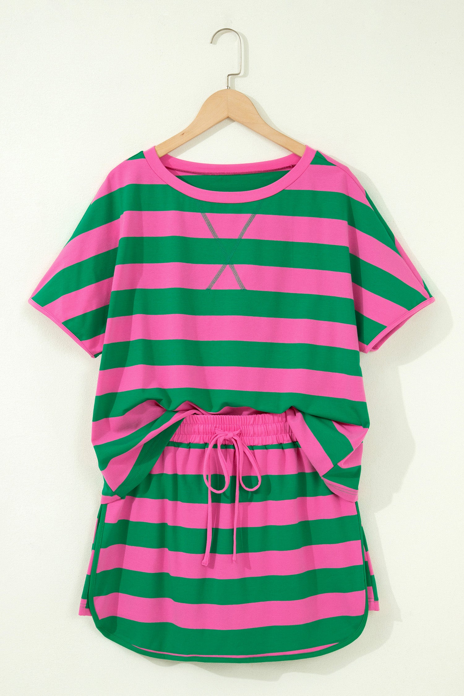 Rose Stripe Dolman Tee Drawstring Skort Athletic 2pcs Set - Essential Retail Store
