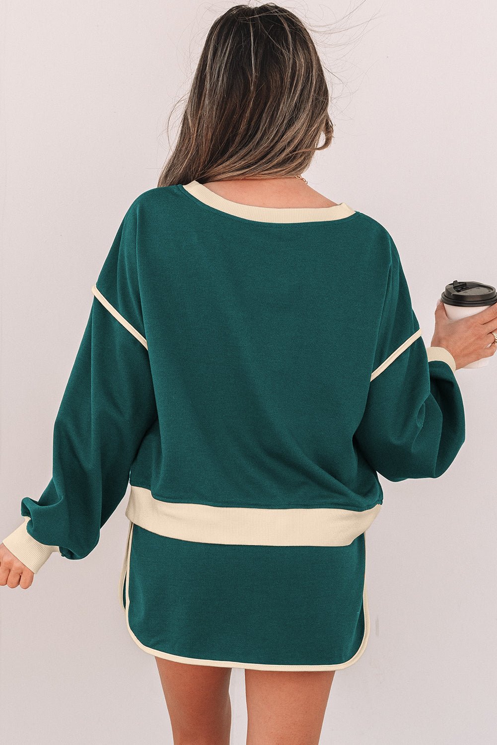 Evergreen Color Contrast Loose Pullover and Lace - up Waist Skort Set - Essential Retail Store