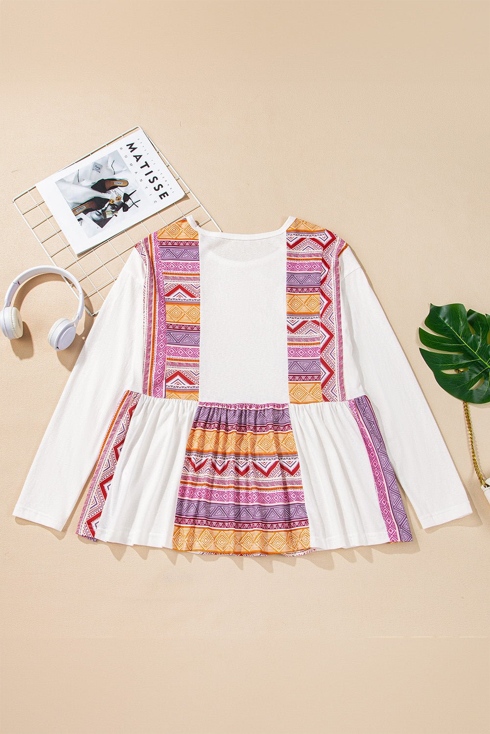 White Western Aztec Print Patchwork Ruffled Tunic Long Sleeve Babydoll Top - Essential Retail Store