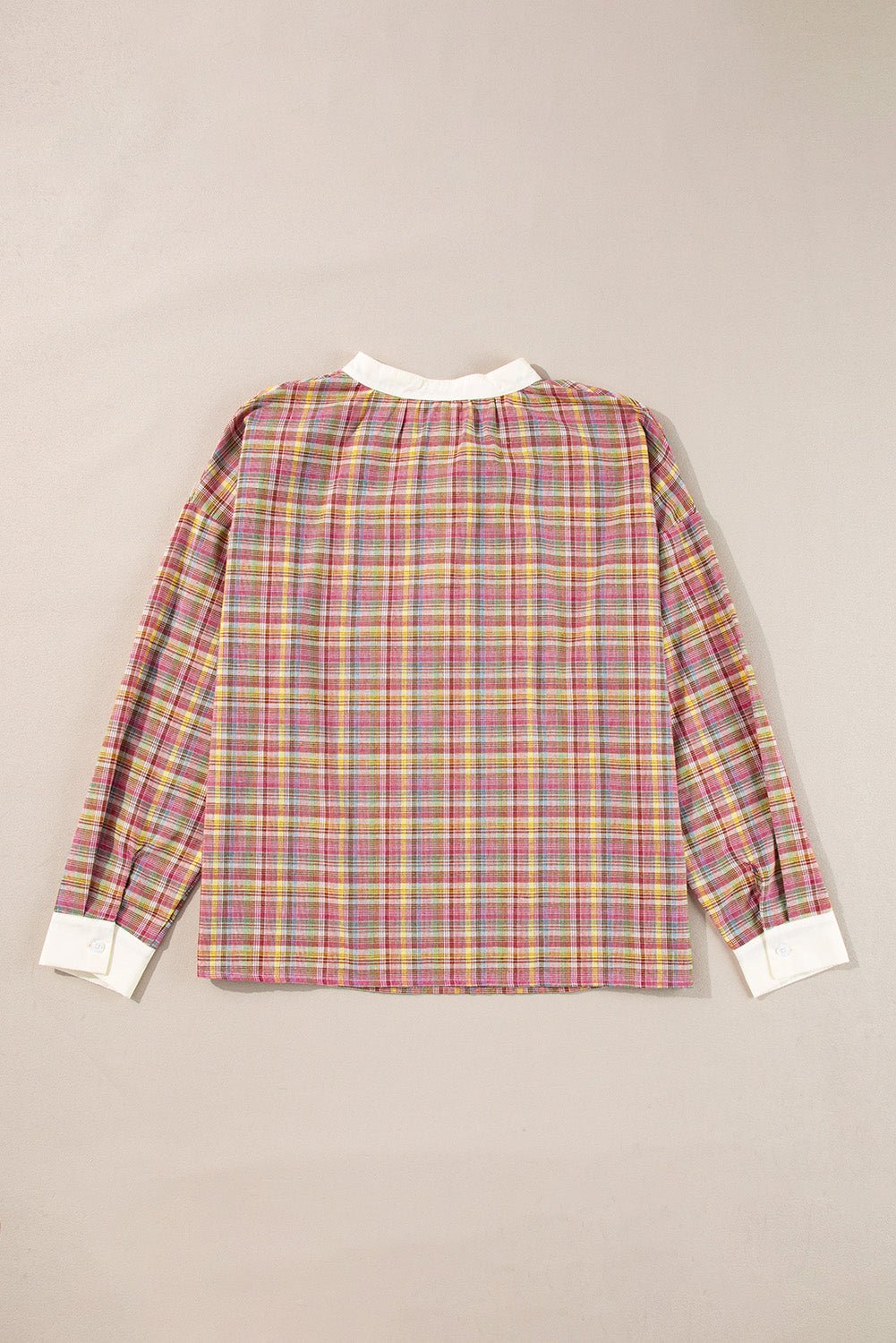 Pink Colorblock Plaid Patchwork Henley Blouse - Essential Retail Store