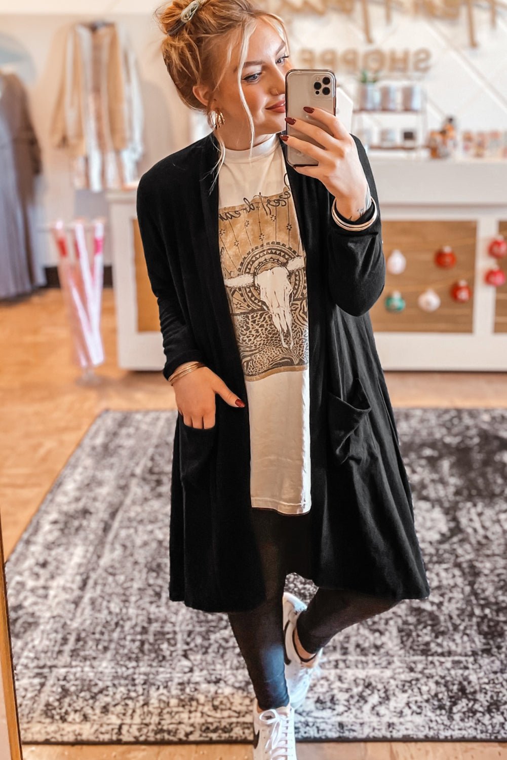 Black Solid Color Open Front Cardigan with Pocket - Essential Retail Store