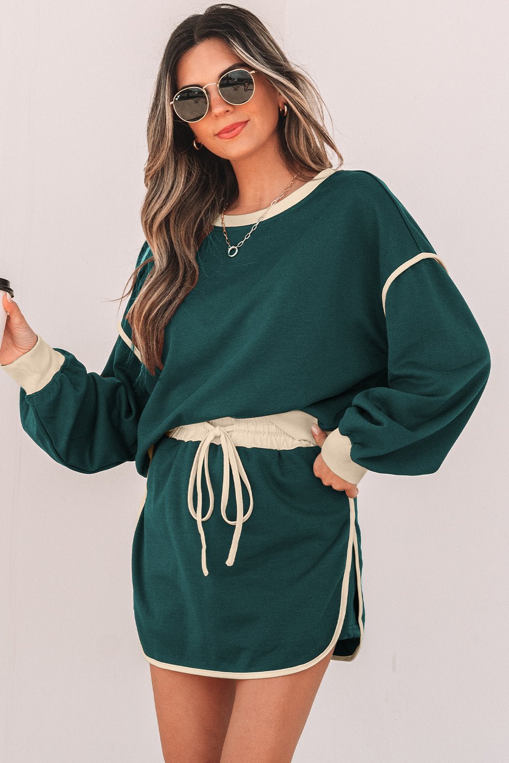 Evergreen Color Contrast Loose Pullover and Lace - up Waist Skort Set - Essential Retail Store