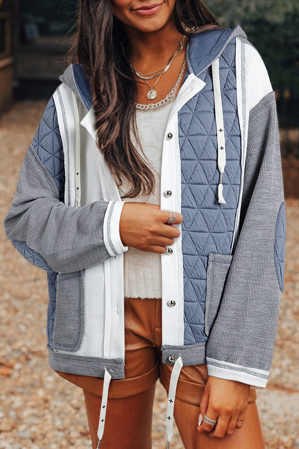 Jungle Green Quilted Textured Patchwork Loose Fit Hooded Jacket - Essential Retail Store