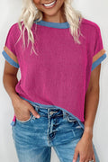 Bright Pink Textured Contrast Trim Round Neck T Shirt - Essential Retail Store