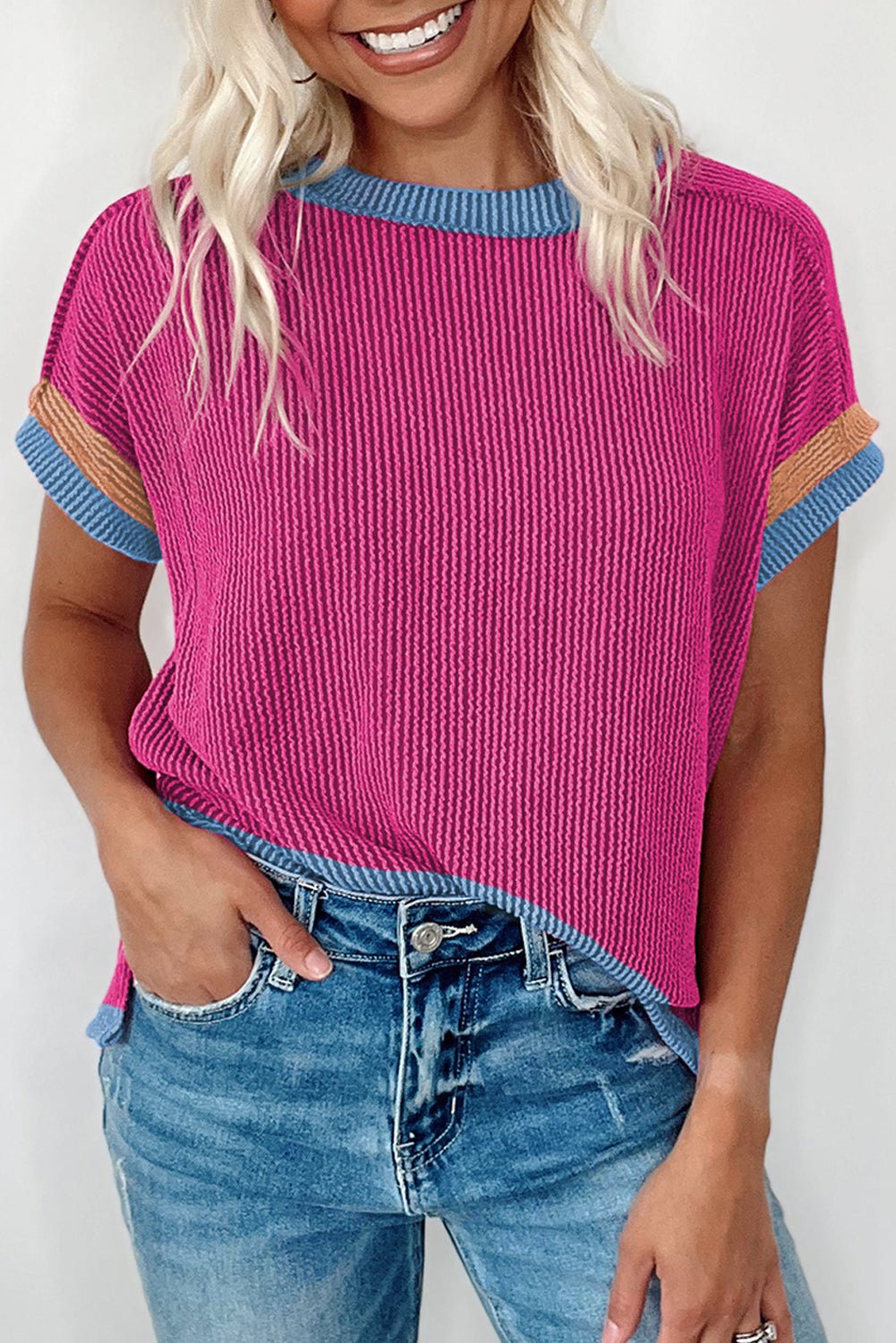 Bright Pink Textured Contrast Trim Round Neck T Shirt - Essential Retail Store