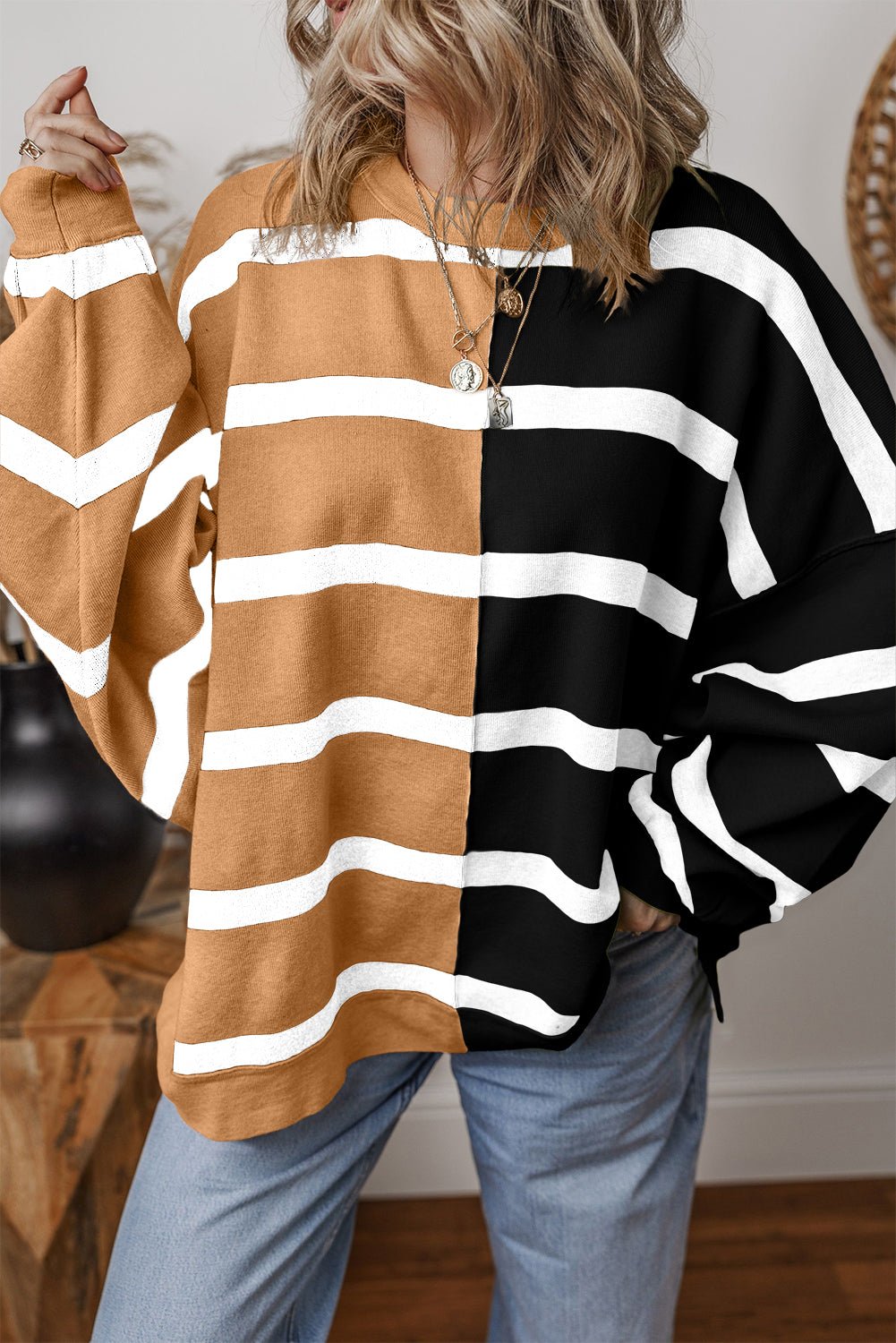 Khaki Stripe Colorblock Oversized Sweater - Essential Retail Store