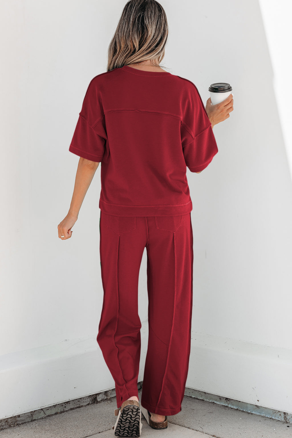 Rose Red Drop Shoulder Boxy Tee and Barrel Pants Set - Essential Retail Store