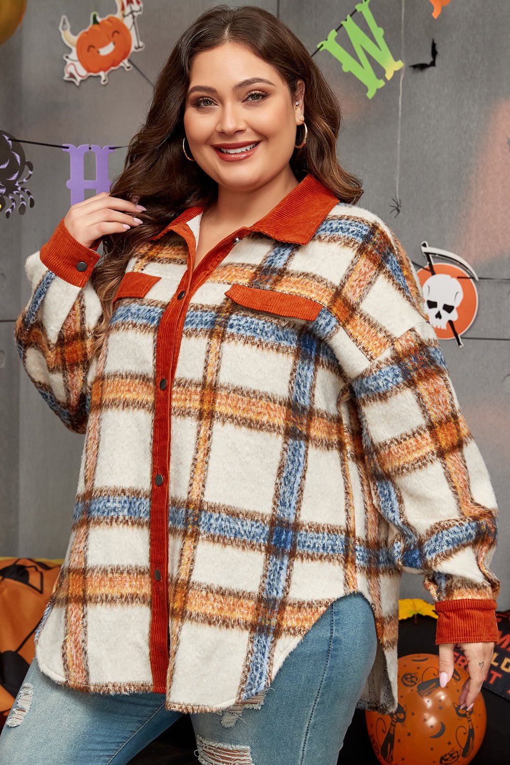 Brown Stripe Plus Size Plaid Print Collared Buttoned Jacket - Essential Retail Store