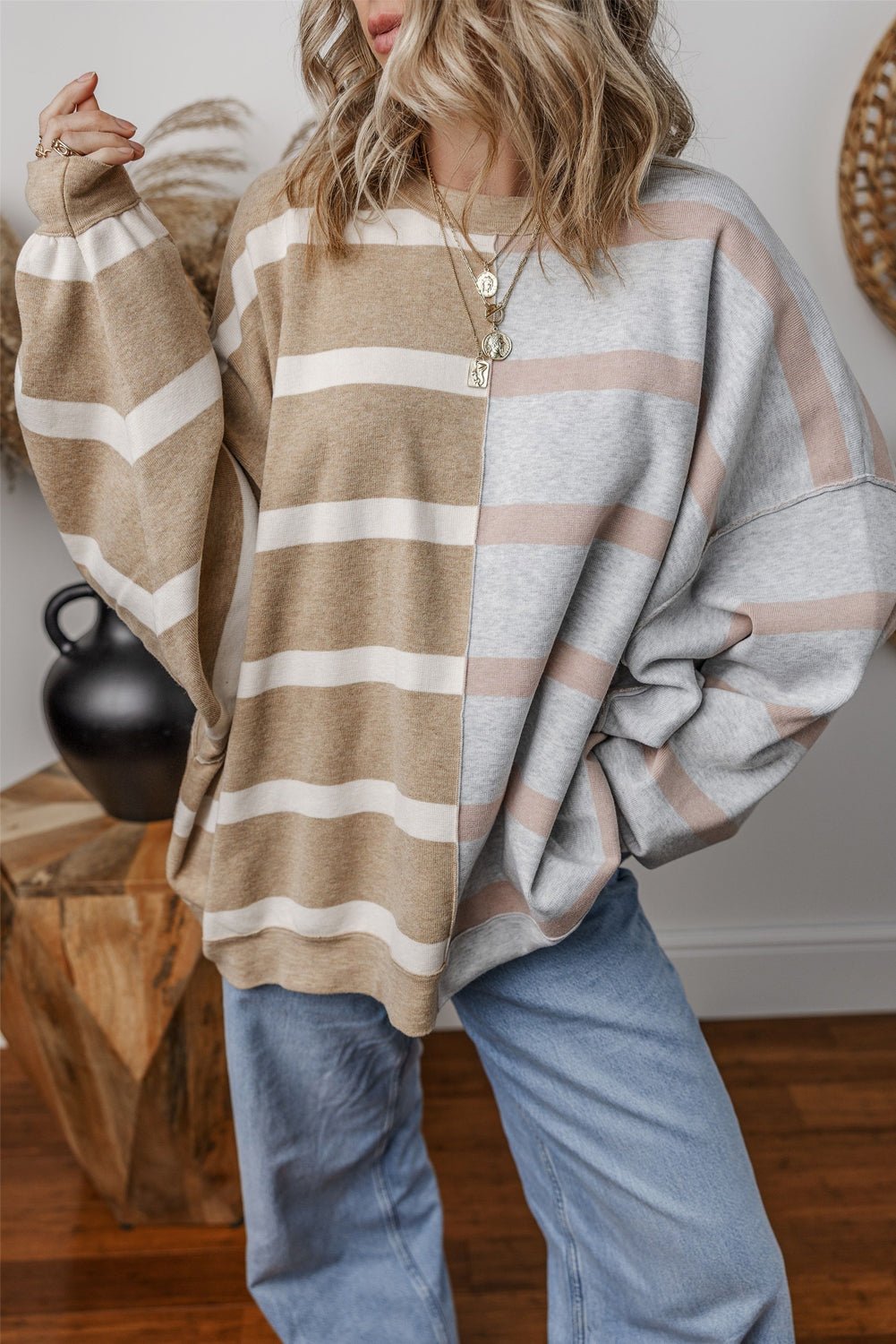 Khaki Stripe Colorblock Oversized Sweater - Essential Retail Store