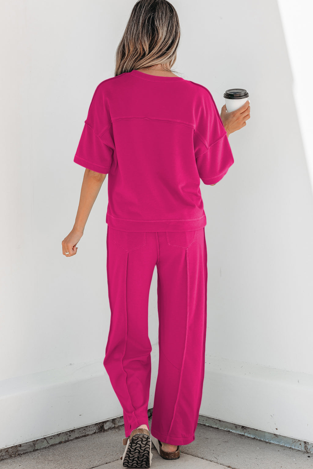 Rose Red Drop Shoulder Boxy Tee and Barrel Pants Set - Essential Retail Store