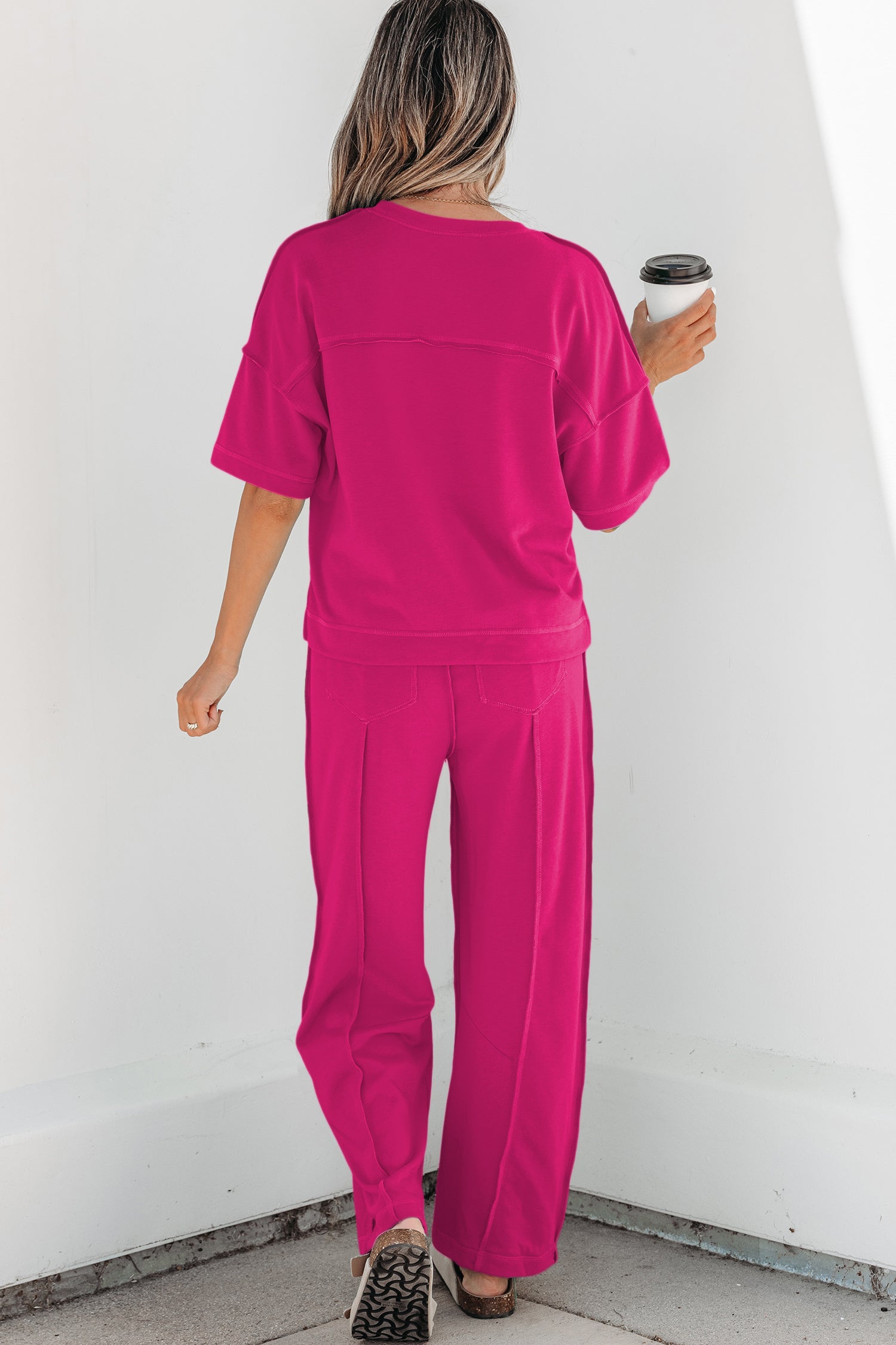 Rose Red Drop Shoulder Boxy Tee and Barrel Pants Set - Essential Retail Store