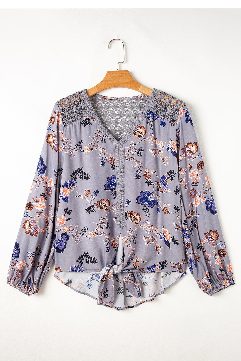 Sky Blue Floral Print Lace Patchwork Knot Front V Neck Blouse - Essential Retail Store