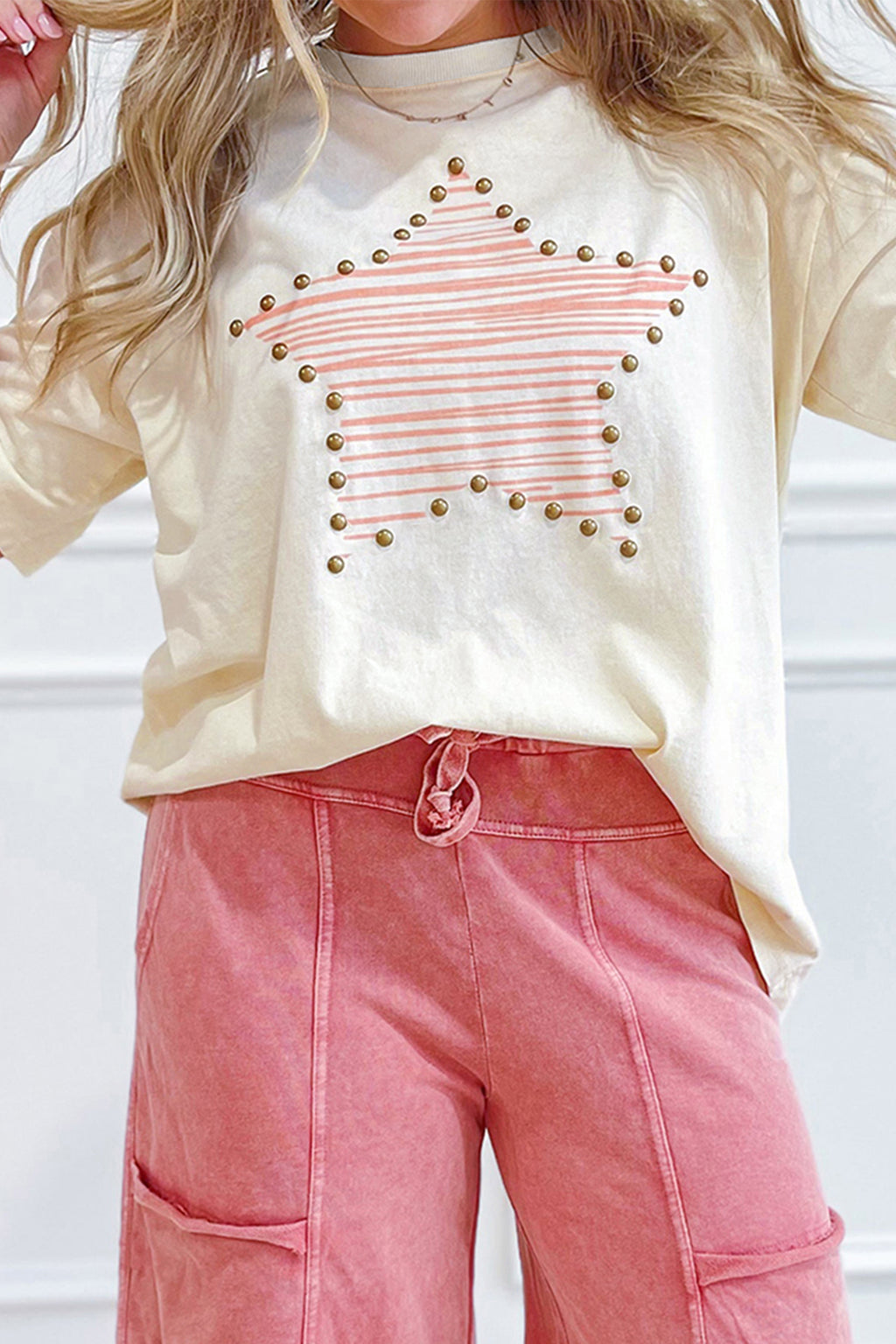 Beige Star Print Stud Detail Cotton Jersey Top - Essential Retail Store