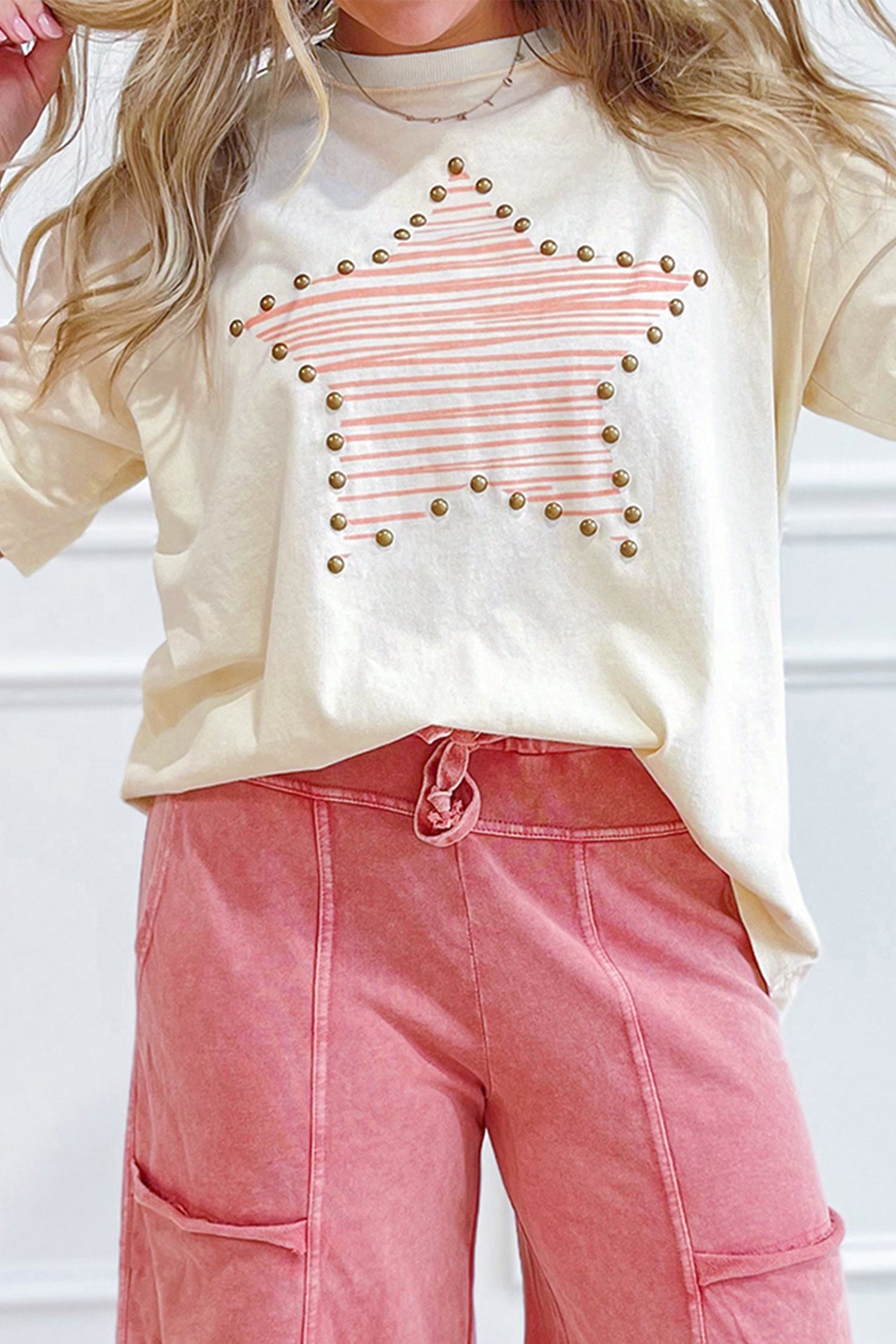 Beige Star Print Stud Detail Cotton Jersey Top - Essential Retail Store