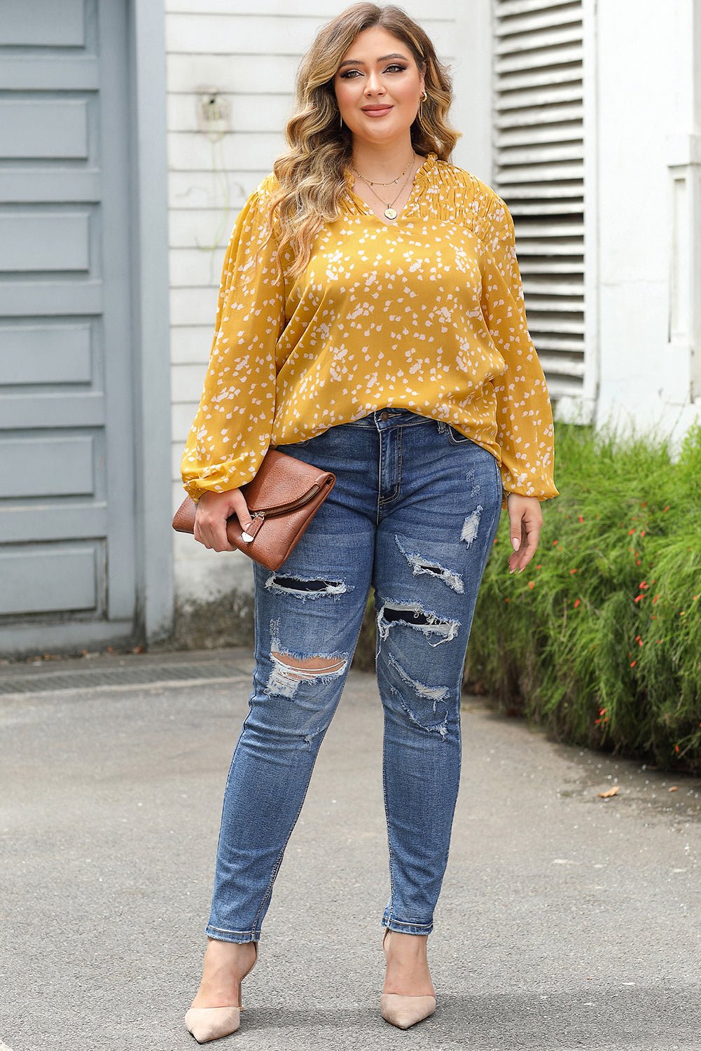 Yellow Plus Size Floral Print Ruched Split Neck Blouse - Essential Retail Store