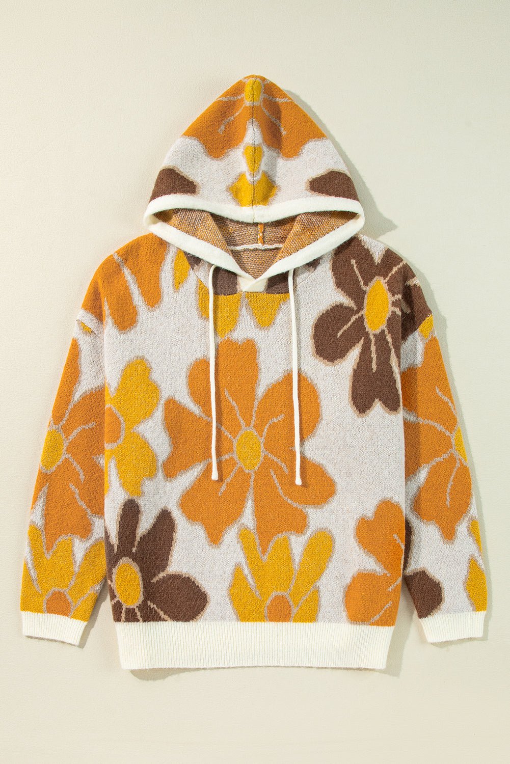 White Large Flower Knitted Drawstring Hooded Plus Size Sweater - Essential Retail Store
