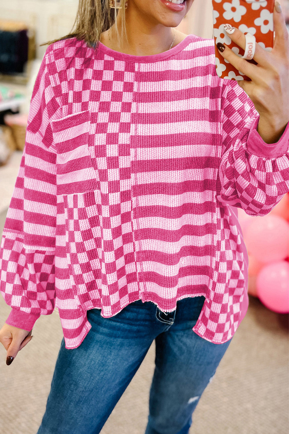 Dunkelgraue Bluse mit Karomuster, Streifen, Patchwork, Laternenärmeln und Taschen