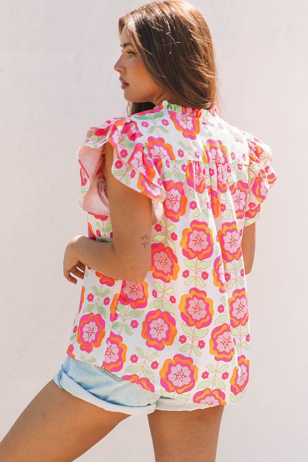 Rose Floral Ruffled Sleeve Ric - rac Trim Split Neck Loose Blouse - Essential Retail Store