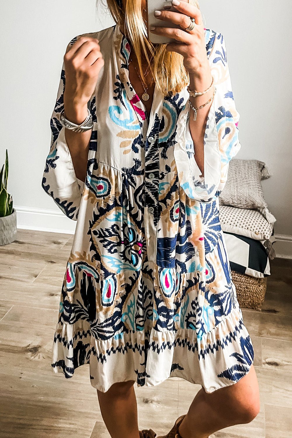 White Printed Tribal Bracelet Sleeve Buttoned Mini Dress - Essential Retail Store