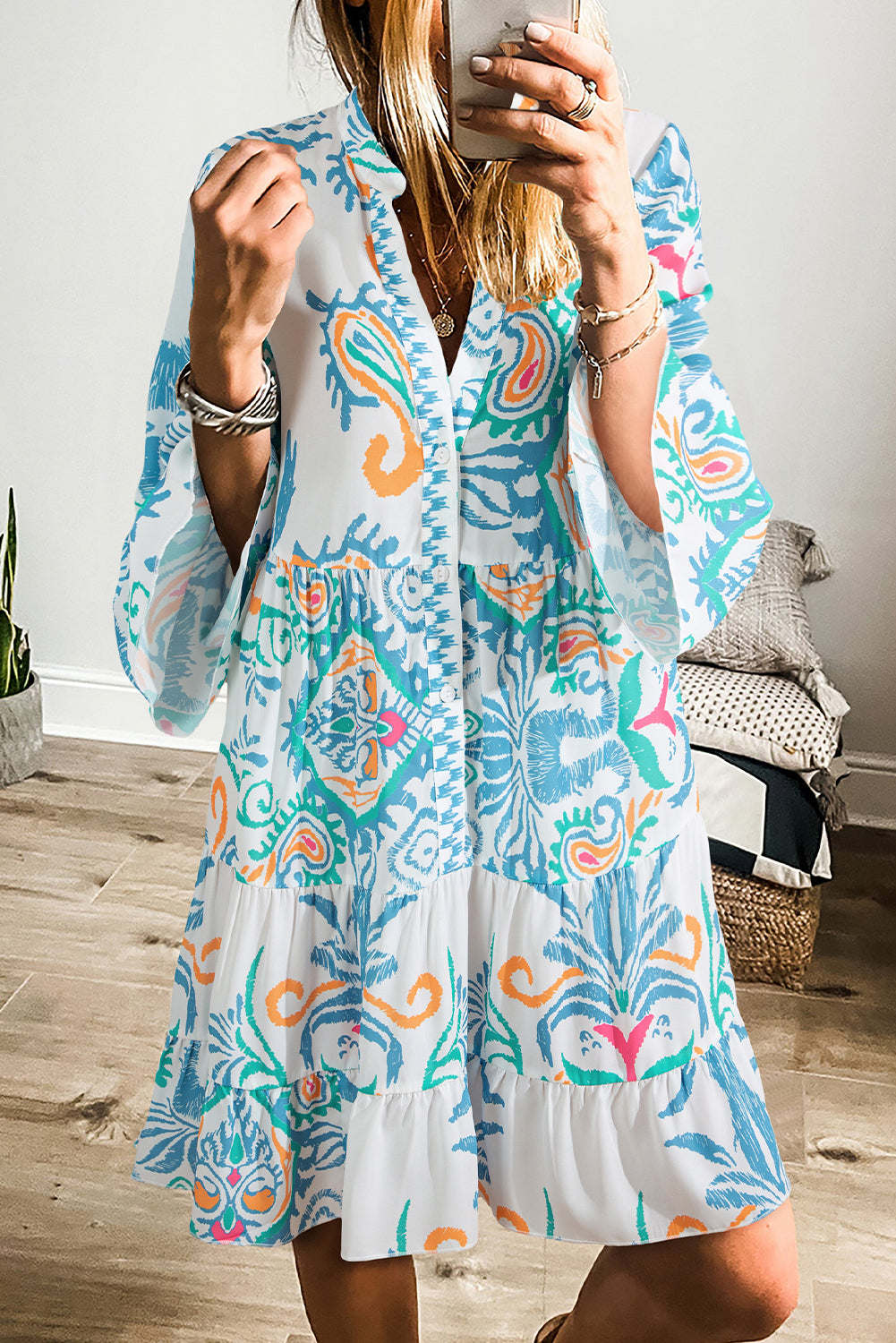Sky Blue Tribal Bracelet Sleeve Buttoned Mini Dress