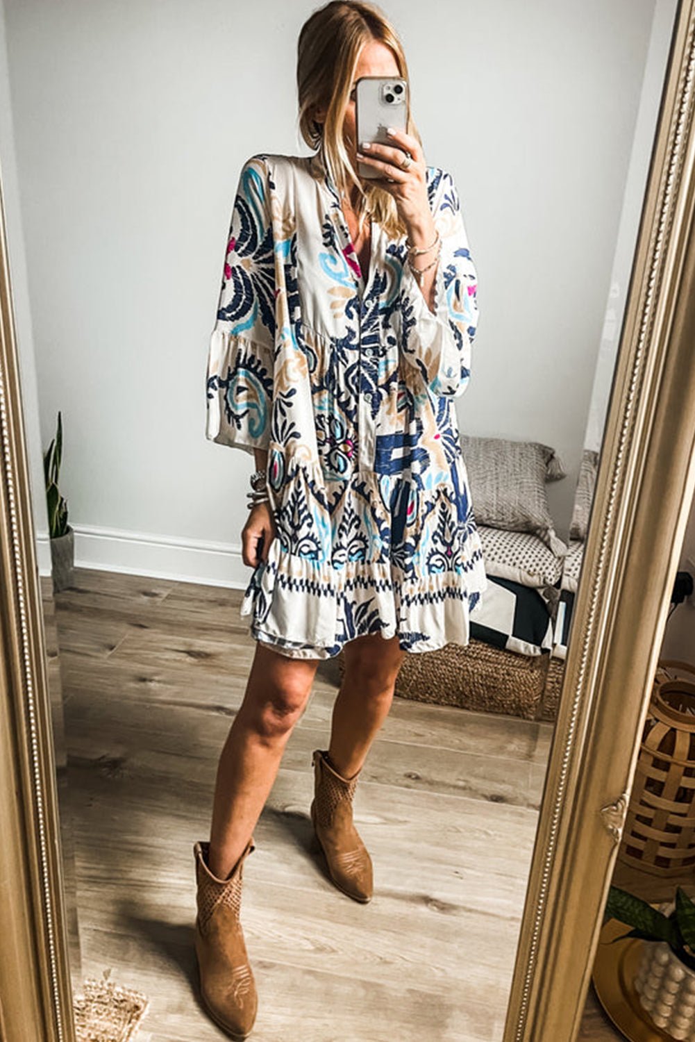 White Printed Tribal Bracelet Sleeve Buttoned Mini Dress - Essential Retail Store