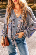 Sky Blue Floral Print Lace Patchwork Knot Front V Neck Blouse - Essential Retail Store