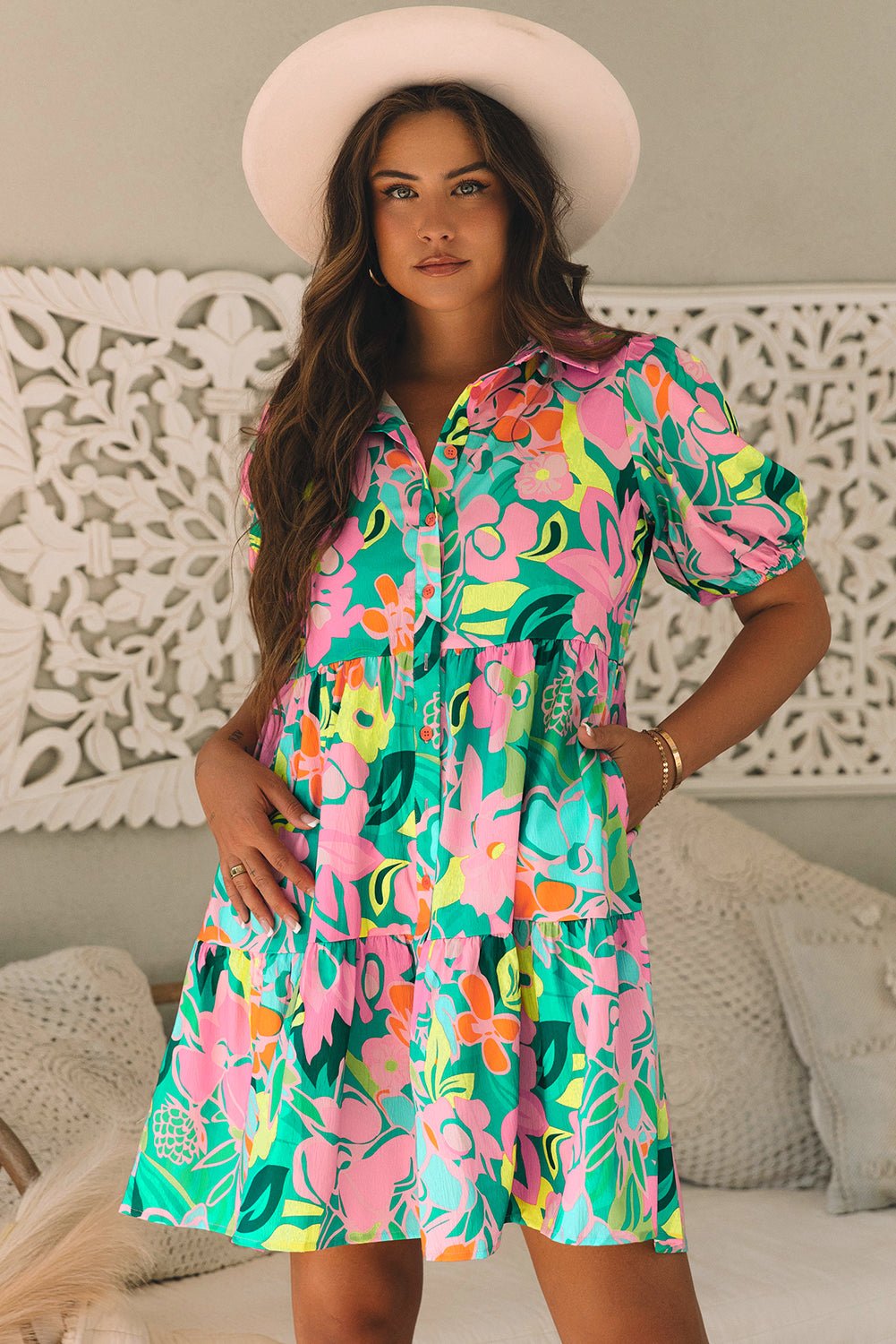 Green Floral Puff Sleeve Collar Buttoned Babydoll Dress - Essential Retail Store