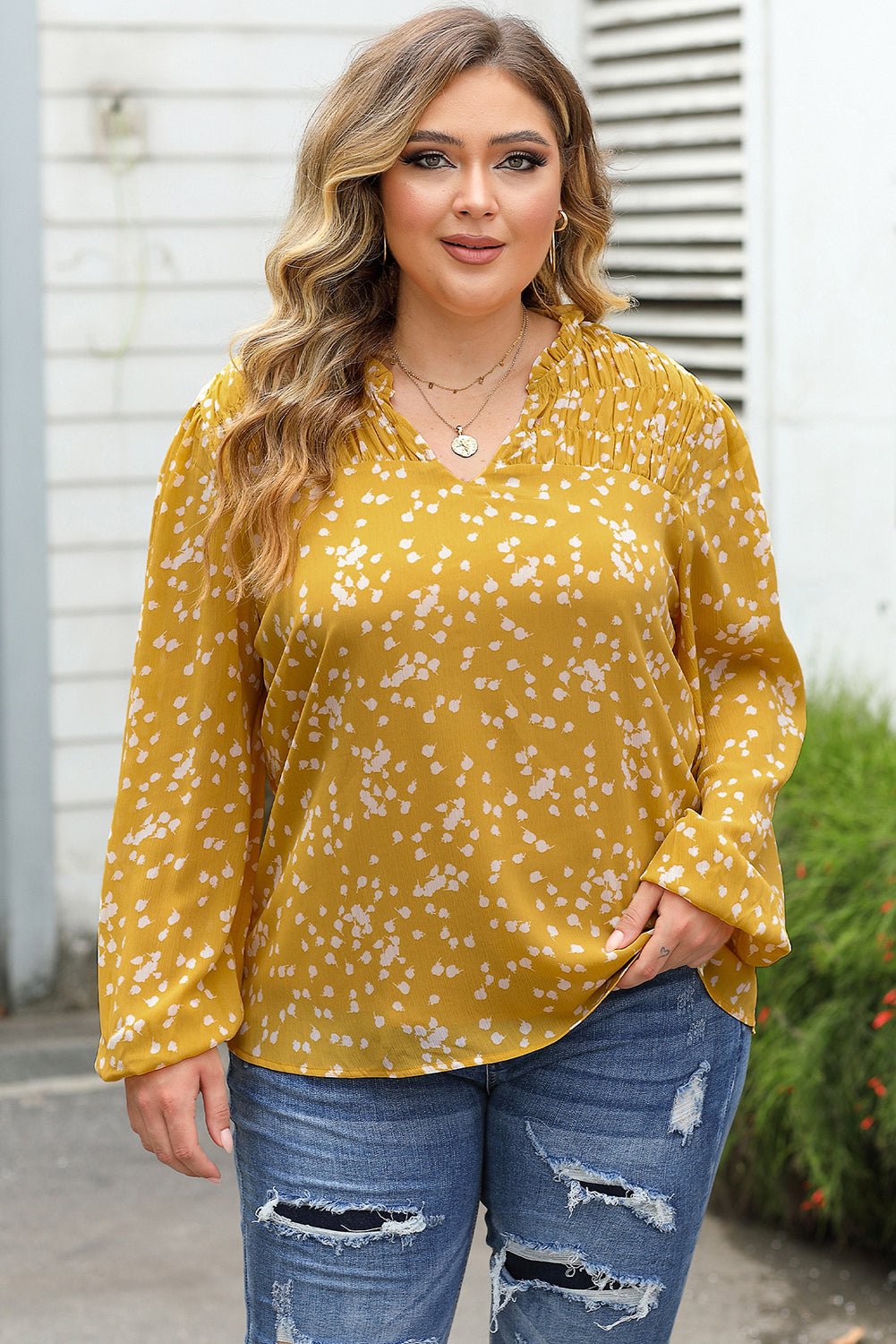 Yellow Plus Size Floral Print Ruched Split Neck Blouse - Essential Retail Store