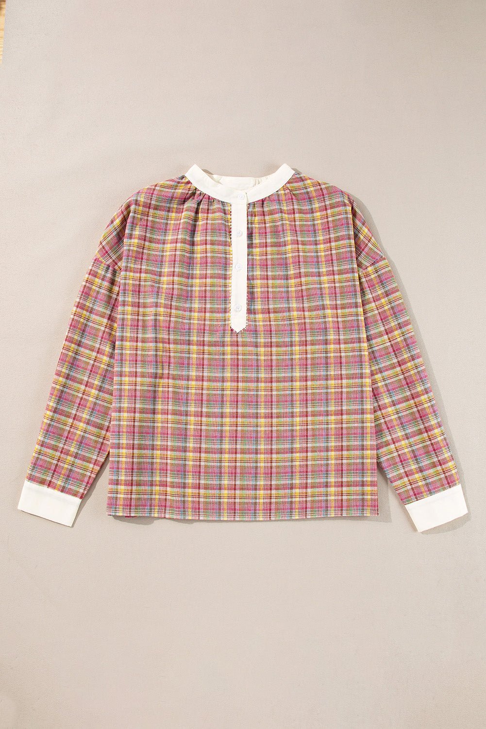 Pink Colorblock Plaid Patchwork Henley Blouse - Essential Retail Store