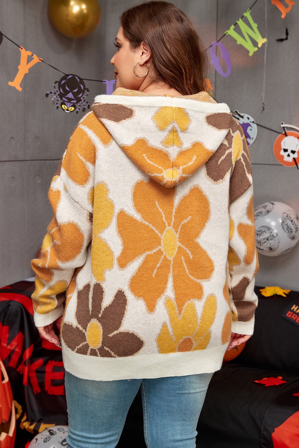 White Large Flower Knitted Drawstring Hooded Plus Size Sweater - Essential Retail Store