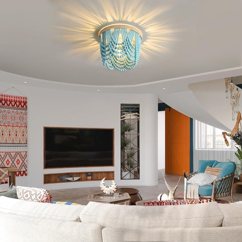 Boho Wood Bead Chandelier 3 Light Fixture Blue 12.6x9.3 In