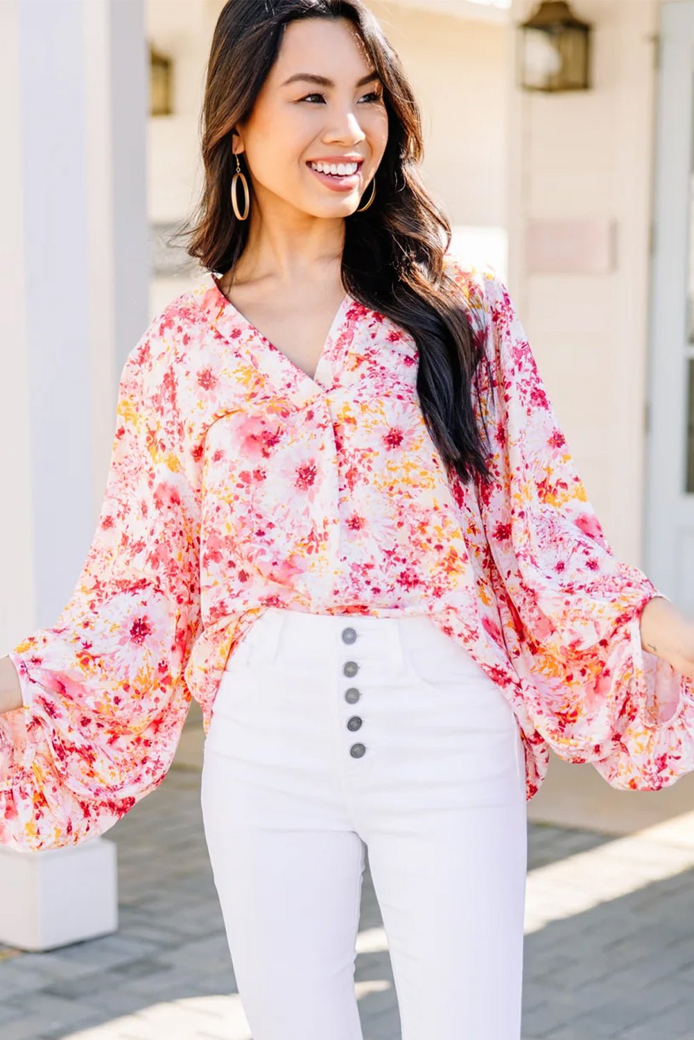 Pink Ditsy Floral Bubble Sleeve V Neck Blouse - Essential Retail Store