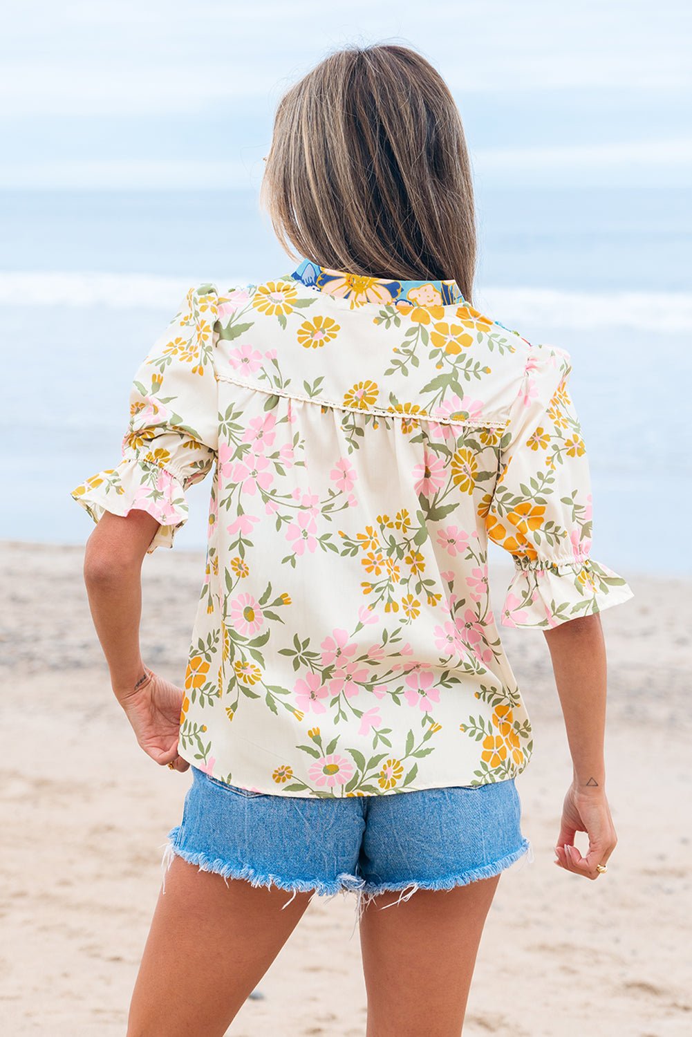 Multicolour Crochet V Neck Half Sleeve Boho Floral Blouse - Essential Retail Store