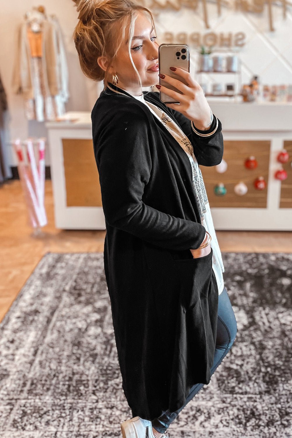 Black Solid Color Open Front Cardigan with Pocket - Essential Retail Store