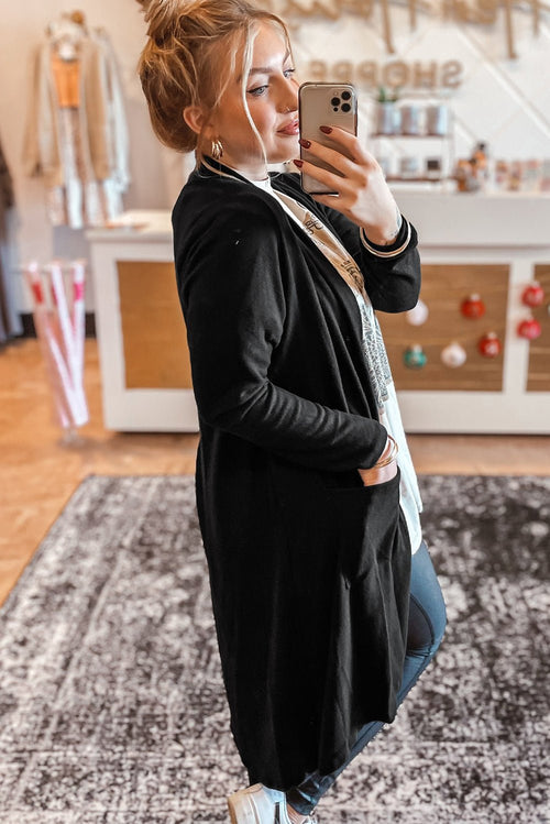 Black Solid Color Open Front Cardigan with Pocket - Essential Retail Store